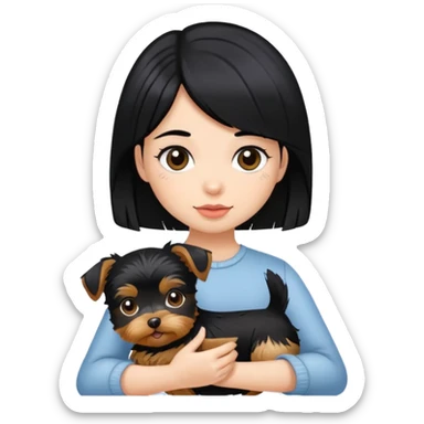 A girl with black hair is holding a yorkie sticker