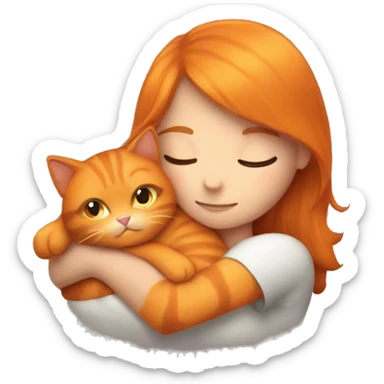 A girl snuggling fluffy orange cat sticker