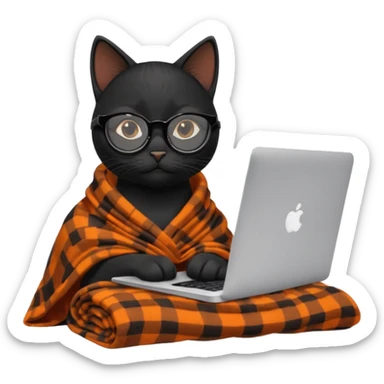 A black female cat working on a MacBook, with long, black straight lashes, round glasses and she wears a blanket with an orange pattern sticker