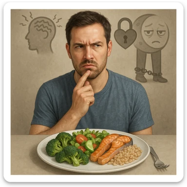 Realistic style illustration of a thoughtful 30-year-old man in front of a healthy plate, with a distrustful expression. Behind him, blurred symbolic elements: a stylized head with vibrating lines representing stress, a locked heart representing emotions, a moon with tired eyes representing insomnia, and still legs with chains representing sedentariness. Realistic style with conceptual touch. sticker