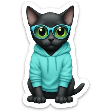 Black Bombay kitten with green-blue eyes wearing a pastel blue hoodie with pastel blue sunglasses sticker