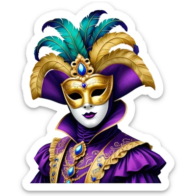 Venice Carnival performer – Cinematic Realistic Venice Carnival Performer, depicted in an opulent, elaborately masked costume with rich textures, vibrant colors, and dramatic, soft lighting, set against the historic backdrop of Venetian canals, capturing the mystery and extravagance of the carnival. sticker