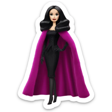Fucshia ‘n Fur Barbie, Morticia Addams, cape,veil,funeralwear,show full body,accessories coat gloves  sticker