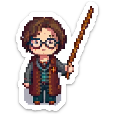 Harry Potter with glasses and wand in pixel art style sticker