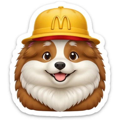 A fluffy demedog with a Mac Donald’s hat sticker