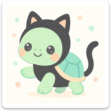 a tortoise dressed as a black cat, with cat ears and a tail, in a cute and playful pose sticker