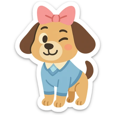 preppy dog with a pink head piece bow, winking, pastel toon style sticker