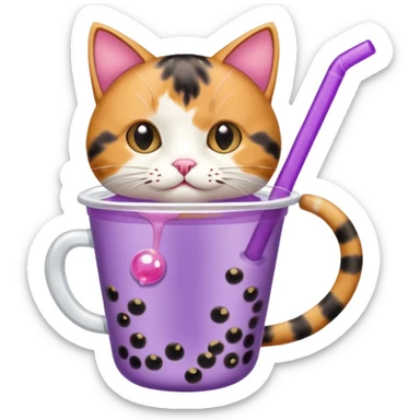 a cat drinking from a mini purple bubble tea cup sticker
