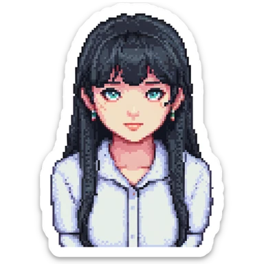 Change hair color to black, keep the same pixel art style and straight bangs, with no background. sticker