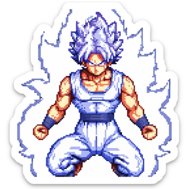 Goku in Ultra Instinct form, spiky silver hair, intense aura, dynamic pose, pixel art style sticker