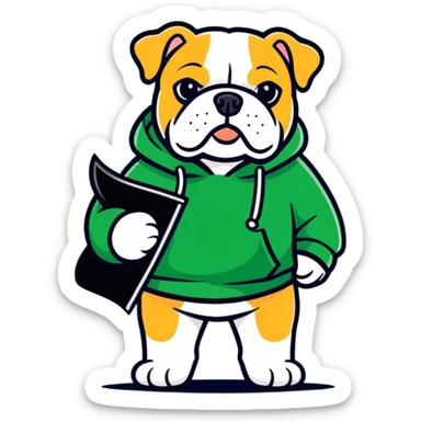 A bulldog wearing a green sweatshirt holding a little green flag sticker