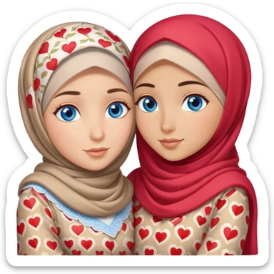 Two Turkish beautiful finish Konya girls blue eyes with hijab and heart dress and hugs  sticker