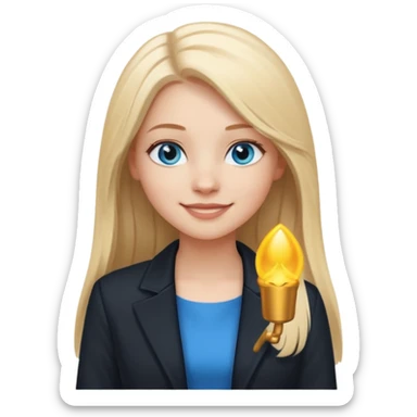 A white girl with long straight blonde hair, blue eyes and a white dress with a black jacket smiling sticker