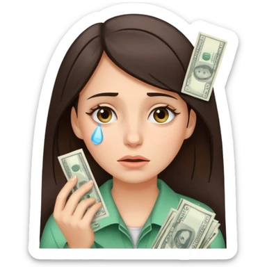 expressive face brunette girl drying her tears with money bills sticker