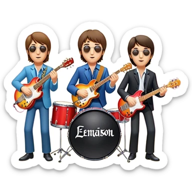 Rock music icon: The Beatles performing live on stage. John Lennon with guitar, Paul McCartney with bass, George Harrison with guitar, Ringo Starr on drums. Bright lights, energetic performance. Transparent background. sticker
