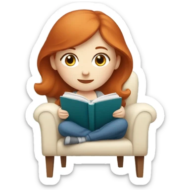 Redhead girl with pale skin and blue eyes sitting in chair with a blanket reading a book sticker