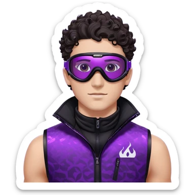 close-up of male athlete with white skin and moderately curly dark brown hair on top with shaved sides, wearing ski goggles with purple frames and very dark black lenses, a simple plain black chain necklace, and a completely unzipped sleeveless vest with purple and black sequin fire pattern design with no logo, frame centered on face and upper chest sticker