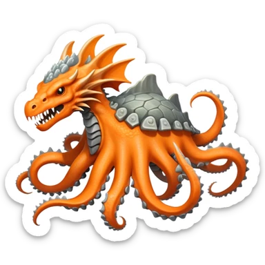Create a hybrid rocky creature with the agile tentacles and dragon-like features of the orange and gray, but with rocky, crystalline growths forming armored segments along its body and a powerful stone jaw like Boulderbite, resulting in a territorial sea guardian that ambushes prey by disguising itself as a coral reef formation before striking with surprising speed. full body, only the creature sticker