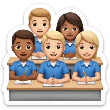 five school children not wearing uniform sitting in a row behind their school desks sticker