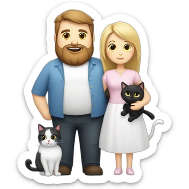 Family photo a fat husband with a beard is holding a white cat and wife with straight hair is holding another black cat sticker