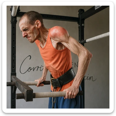 Hyperrealistic 4K image of a very thin man performing a dip on parallel bars, side position as in the reference, showing an expression of discomfort. Shoulder area with signs of inflammation and swelling. Highlighted muscles and bones, gym atmosphere. Variant 6. sticker