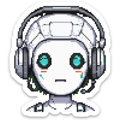 pixel art icon of a cute female robot face, black and white, rounded square face, two circular eyes, three-dot mouth, headphone sides, small bow on top, soft rounded features, pixel hair, minimalist, retro sticker