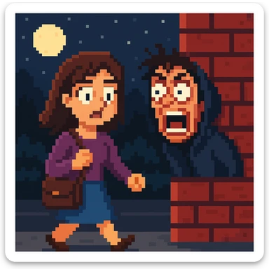 Change the expression of the surprised stalker to a more intense or exaggerated one in pixel art style sticker