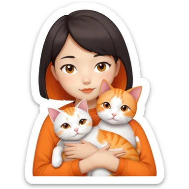 Oriental Asian girl with short bob haircut snuggling with an orange and white cat, cat is mostly white with orange patches, the girl is holding the cat lovingly sticker