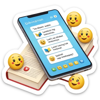 A modern app interface for learning Ukrainian with vibrant emoji icons representing reading, learning, and exploring. The screen shows a phone or tablet with books and Ukrainian symbols, accompanied by emojis like 📖 (book), 🎧 (audio), 🧠 (learning), 🌍 (exploring), and 💬 (discussion). The background is clean and minimalistic, with soft colors and subtle cultural Ukrainian elements like embroidery or folk patterns. The scene conveys a sense of engagement, community, and fun learning experience sticker