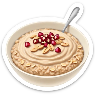 bowl of oatmeal with peanut butter, coconut flakes and pomegranate seeds sticker