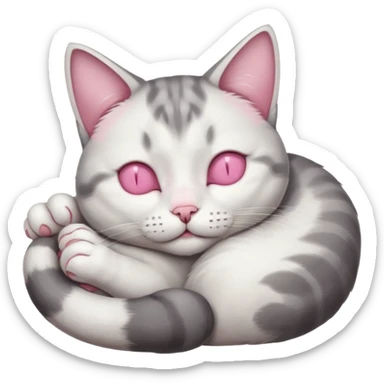 grey and white small cat with eyes closed lying down upside down with its head resting on its curled paw sticker