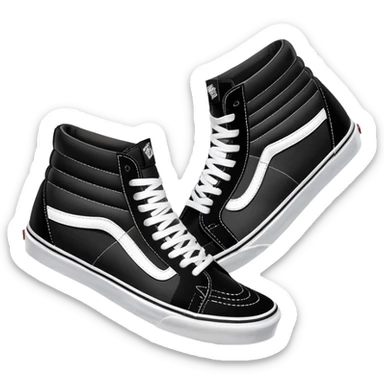 Black Vans Sk8-Hi high top shoes arranged as a pair with one slightly behind the other, classic black with white jazz stripe and white sole sticker