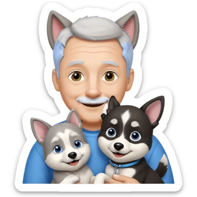 A 60 year old man with blue eyes and short light gray hair and slightly big ears, holding a black and white husky dog with floppy ears and white tuft eyebrows, both smiling sticker