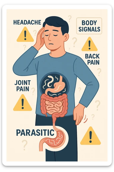 uomo che ignora i suoi un mal di testa, mal di schiena e dolore articolare e ignora ogni segnale e messaggio che il corpo manda per avvertirlo, ma alla fine dipendono tutto dai parassiti intestinali  sticker