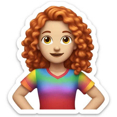 white girl with long red curly hair, wearing a rainbow shirt doing a pose sticker
