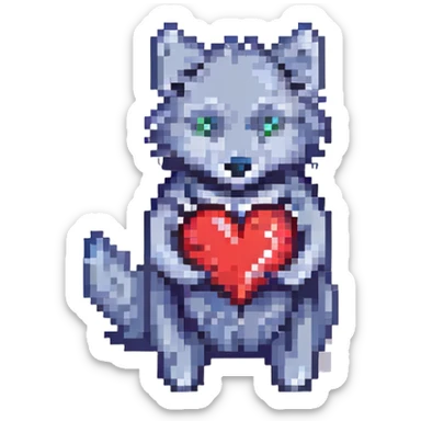 black and red wolf holding a heart pixel art sticker