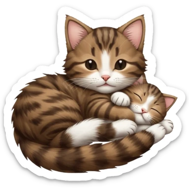 dark brown tabby and white kitten sleeping whilst in funny positions stretched out and  upside down sticker
