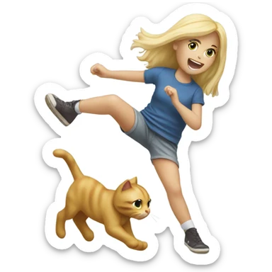 blonde girl kicking a stuffed animal cat  sticker