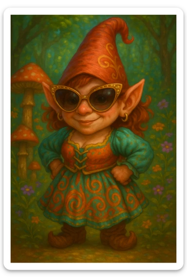 Change the sunglasses on the female gnome to oversized, glamorous style sunglasses. Keep the rest of the image intact. sticker
