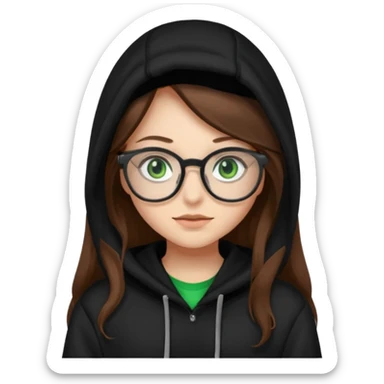 Girl with long brown hair, green eyes, glasses and a black hoodie on sticker