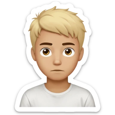 Short buzz, messy blonde hair. Dark brown bushy eyebrows large expressive golden-brown eyes, wearing a plain white t-shirt. Male Teenager. light Dark Brown skin color.  sticker