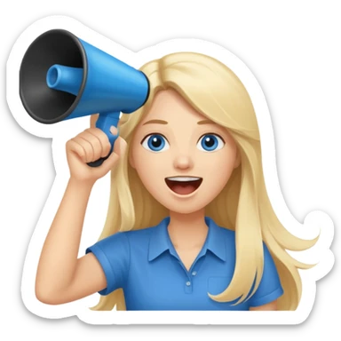 blue eyes blonde girl yelling into megaphone saying timeout long hair smiling sticker
