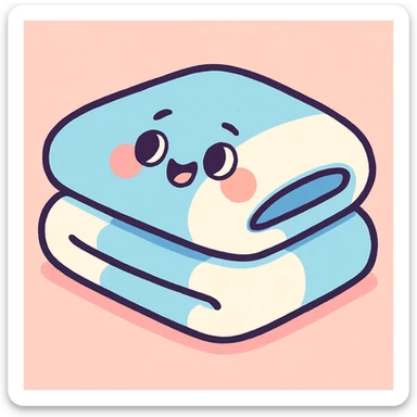 a neatly folded blanket in pastel blue and white, soft and cute appearance, pastel cartoon style sticker