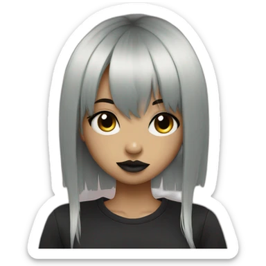 Emo girl with black strait hair with bangs and piercings on her septum and middle lip sticker