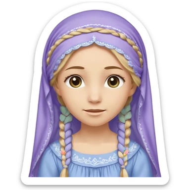 
mujer, Joven, de aspecto dulce y elegante.
Piel clara, ojos grandes y expresivos, sonrisa triste.
Rubio o castaño claro, largo, con trenzas o velo.
Vestido largo de tonos suaves (blanco, azul o lavanda), con bordados dorados; toca fina cubriendo la cabeza. cuerpo entero
 sticker