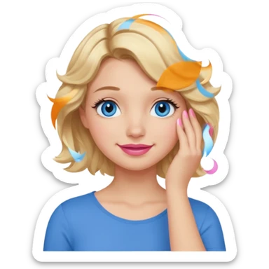 Girl Blonde short wavy hair,  blue eyes, cute blue top, long lashes, pink lips, smiling, 🤦🏻‍♀️ sticker