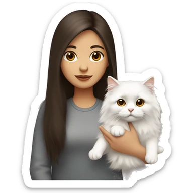 Dark brown straight hair girl with holding fluffy Siberian white cat  sticker