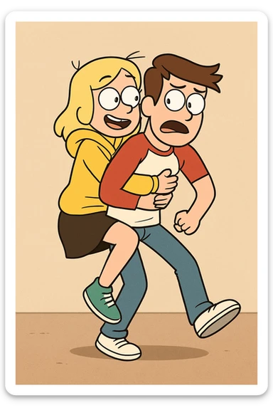 A man Raglan sleeves with Red t-shirts blue jeans white shoes carried by a cute a girl yellow hoodie black skirt green shoe  sticker