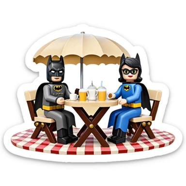  Ultra cute  Lego detailed 1854 Batman and pretty Catwoman dream horse drawn Caravan with picnic table and folding chairs alone at romantic afternoon (hot chocolate and cheeseburgers on the grill) sticker