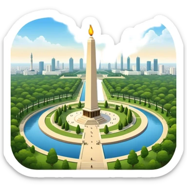 Cinematic Realistic Monas Landmark Emoji, showcasing the National Monument in Jakarta, a towering obelisk with a golden flame, set within a lush park under a clear, radiant sky. sticker
